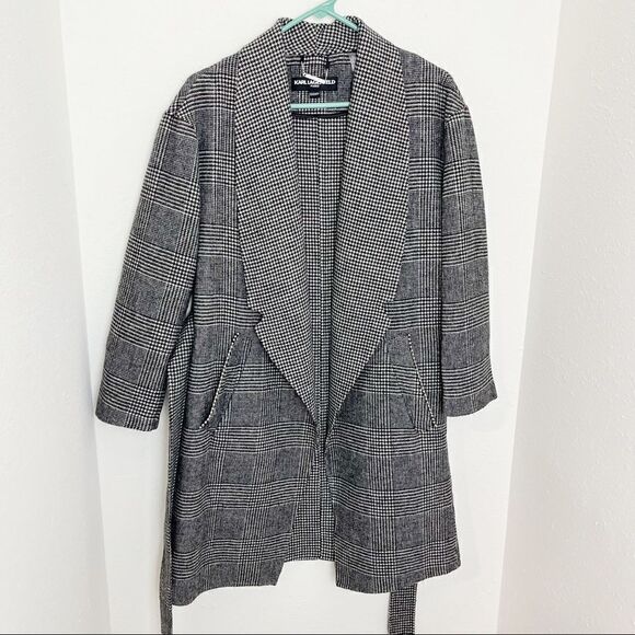 Karl Lagerfeld Houndstooth Plaid Wrap Trench Jacket - Picture 10 of 10